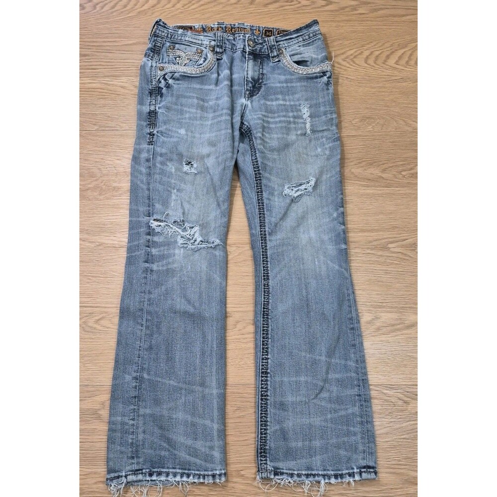 Rock Revival Jeans Mens 34x32 Blue Clooney Boot Distressed Embellished Western